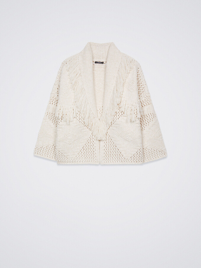 Knitted Cardigan With Fringes, Ecru, hi-res