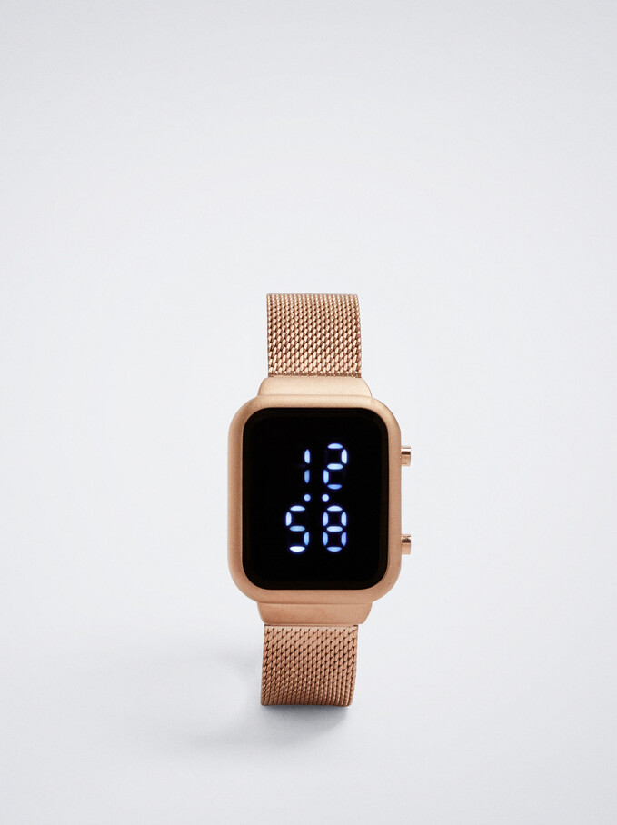 Digital Watch With Square Case, Rose Gold, hi-res