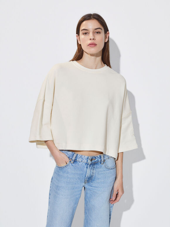 Cropped Cotton Sweatshirt, Ecru, hi-res