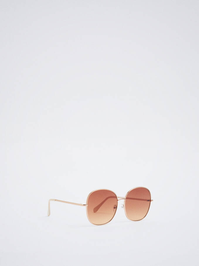 Óculos De Sol Metálicos Redondos , Dourado Rosa, hi-res