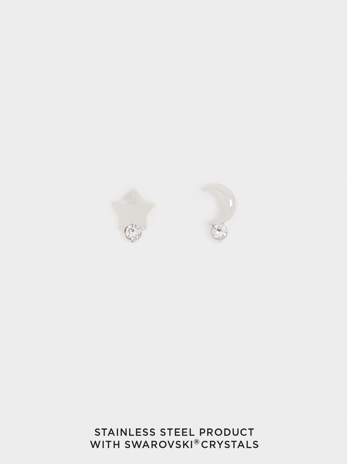 Short Stainless Steel Swarovski Crystals Earrings, Silver, hi-res