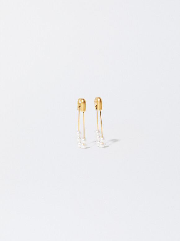 Steel Safety Pin Earrings, Golden, hi-res