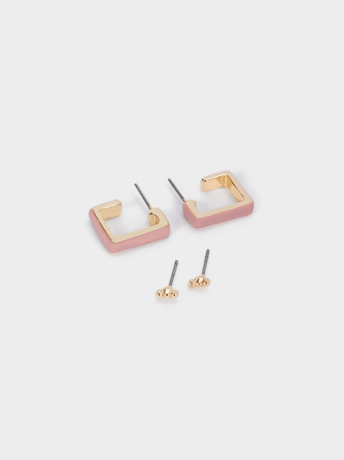 Square-Shaped Hoop Earrings Set, Pink, hi-res