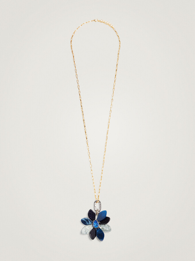 Collier Long Avec Fleur, Bleu, hi-res