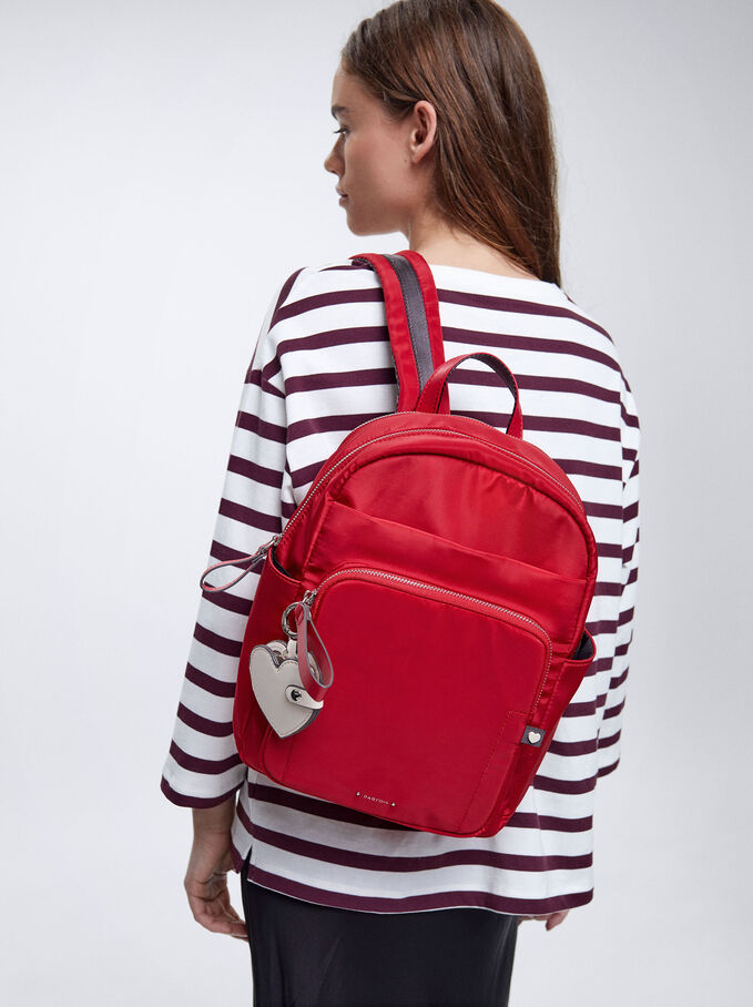Nylon Backpack With Heart Pendant, Red, hi-res