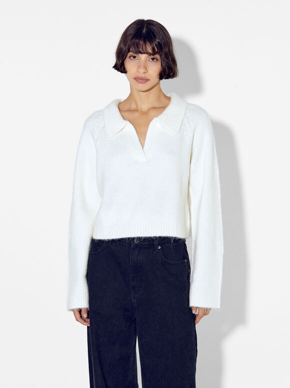 Cropped Knit Sweater, White, hi-res