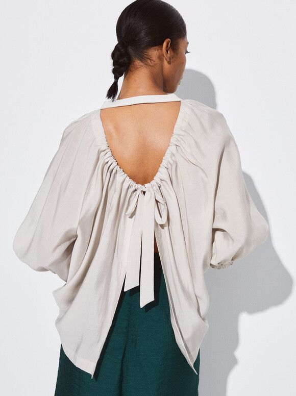 Lyocell Shirt With Puffed Sleeves, Grey, hi-res