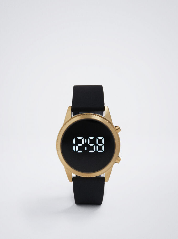 Digital Watch With Silicone Strap, Black, hi-res
