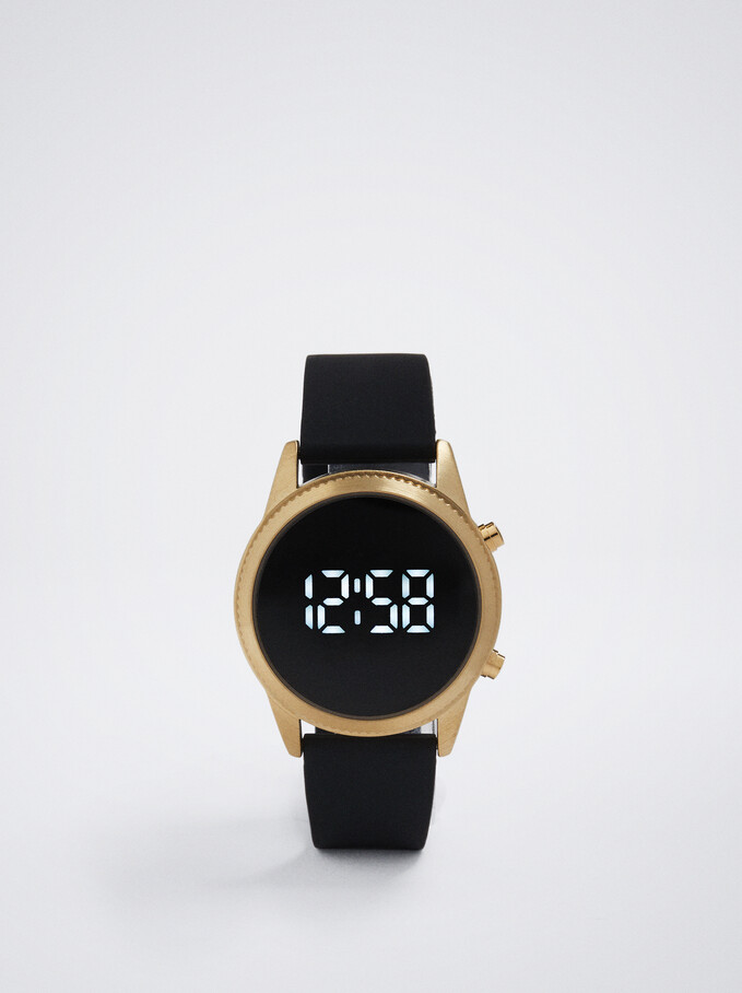 Digital Watch With Silicone Strap, Black, hi-res
