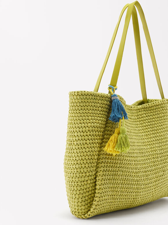 Straw Effect Shopper Bag, Lime, hi-res