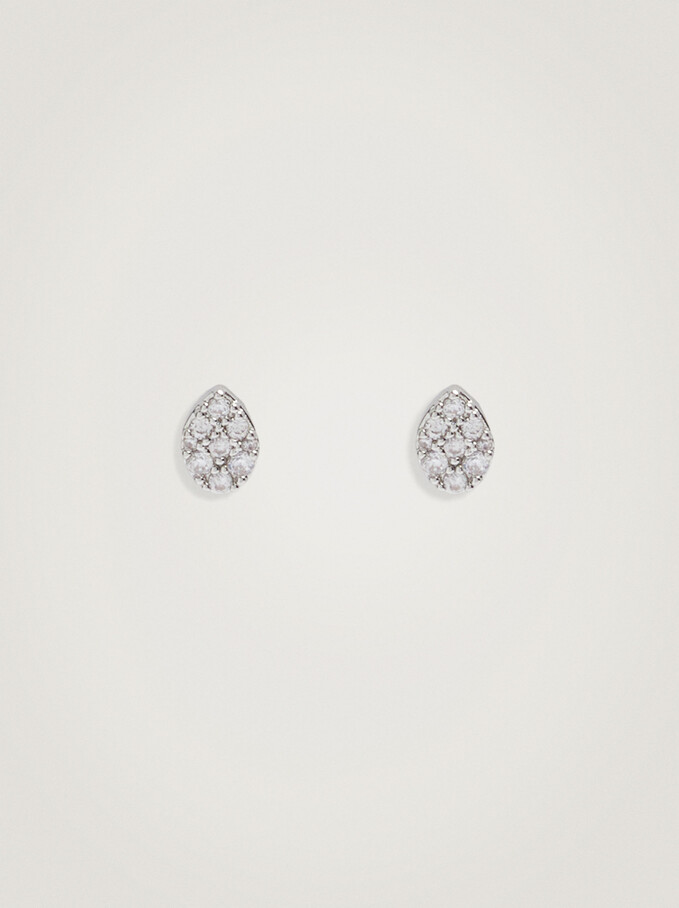 Stud Earrings With Zirconia, Silver, hi-res