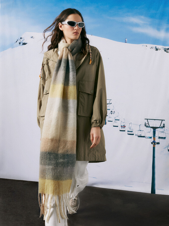 Large Scarf With Check Print, Yellow, hi-res