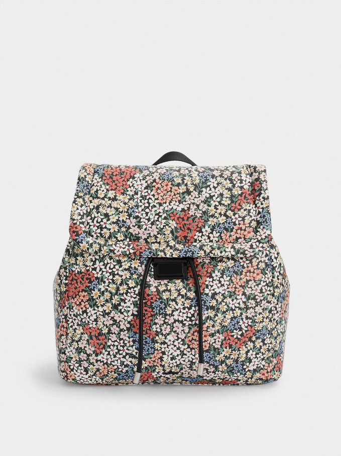 Floral Print Backpack, Black, hi-res