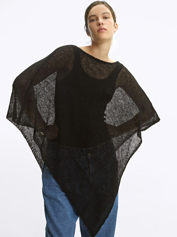 Knitted Cape, Black, hi-res