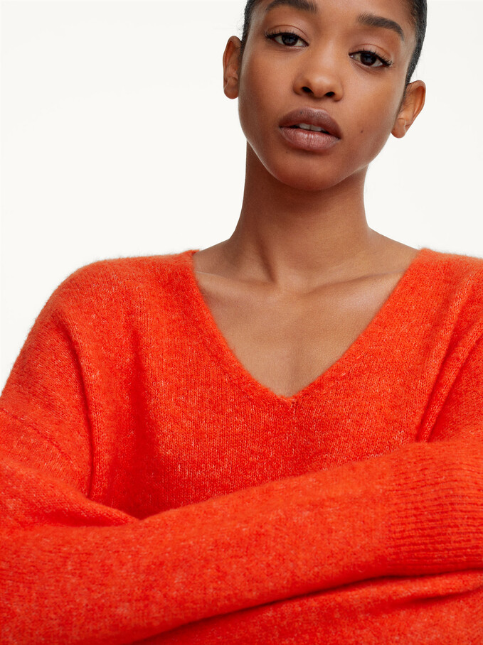 Knitted V-Neck Sweater, Orange, hi-res