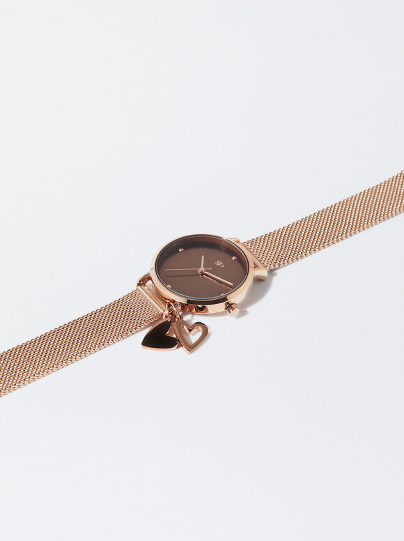 Stainless Steel Watch With Hearts, Rose Gold, hi-res