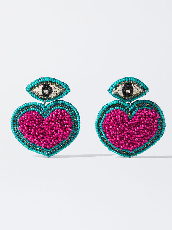 Heart Earrings With Beads, Multicolor, hi-res