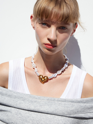 Necklace With Pearls And Heart, White, hi-res