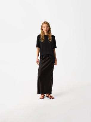 Midi Skirt With Elastic Waistband, Black, hi-res