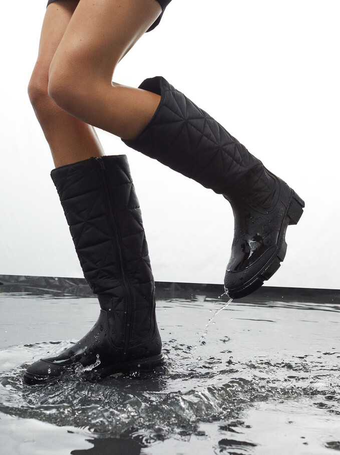 Knee-High Leg Padded Boots, Black, hi-res