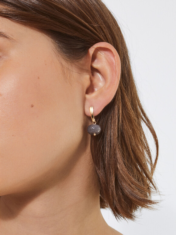 Gold-Toned Earrings With Stone, White, hi-res