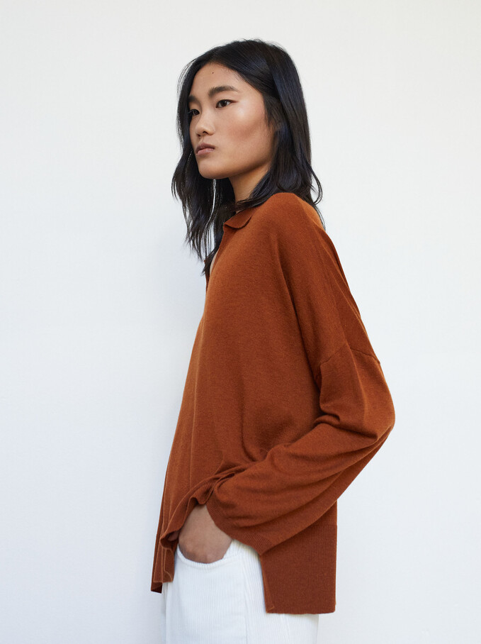 Knitted V-Neck Sweater, Brown, hi-res