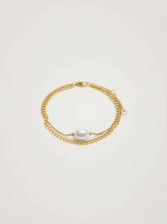 Stainless Steel Bracelet With Freshwater Pearl, Golden, hi-res