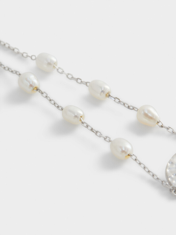 Adjustable 925 Silver Bracelet With Pearls, Beige, hi-res