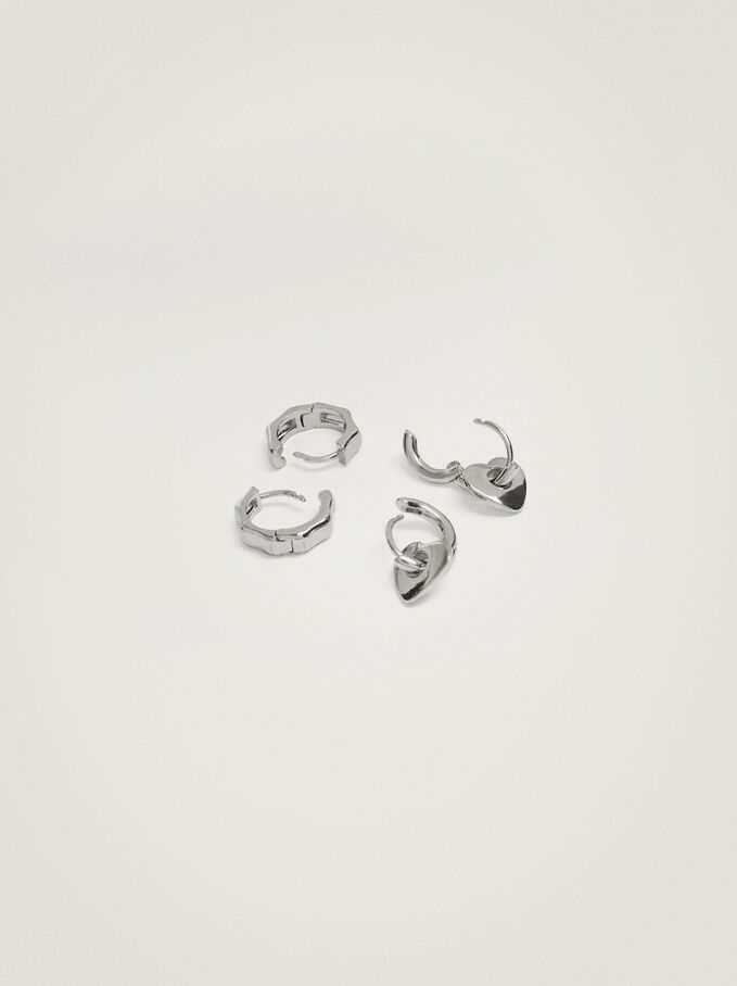 Set Of Hoop Earrings With Heart, Silver, hi-res
