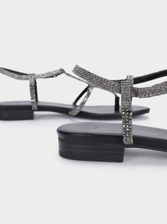 Flat Sandals With Strass Straps, Black, hi-res
