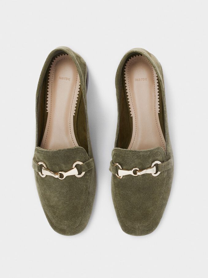 Leather Moccasins With Chain Detail, Khaki, hi-res