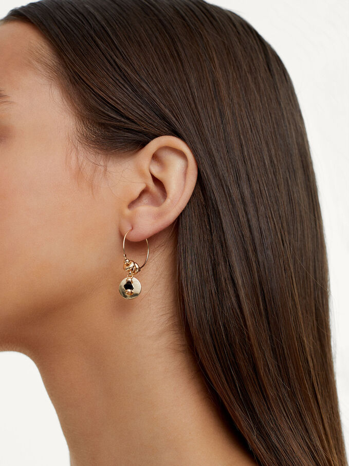 Hoop Earrings With Medallion, Black, hi-res