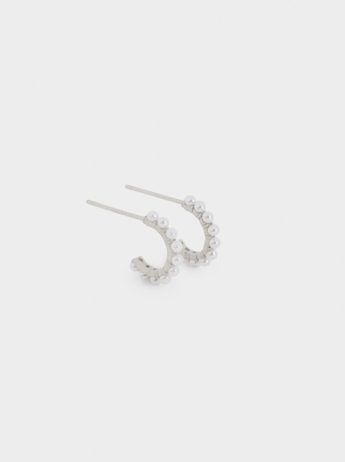 Short 925 Silver Hoops With Faux Pearls, Beige, hi-res