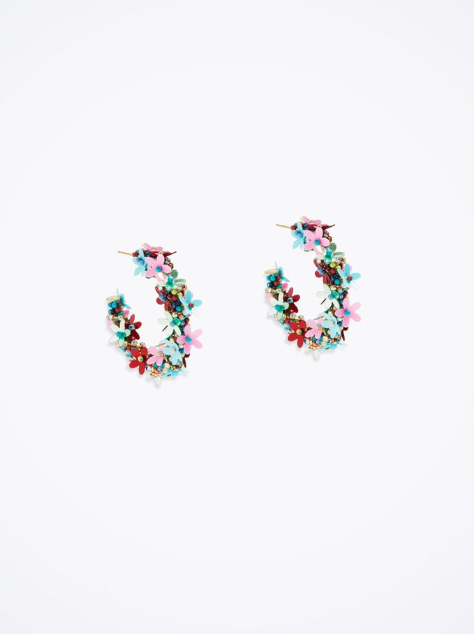 Flower Hoop Earrings, Multicolor, hi-res