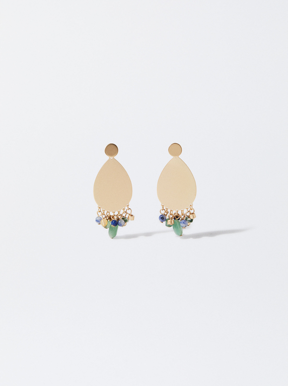 Gold-Toned Earrings With Stone, Green, hi-res
