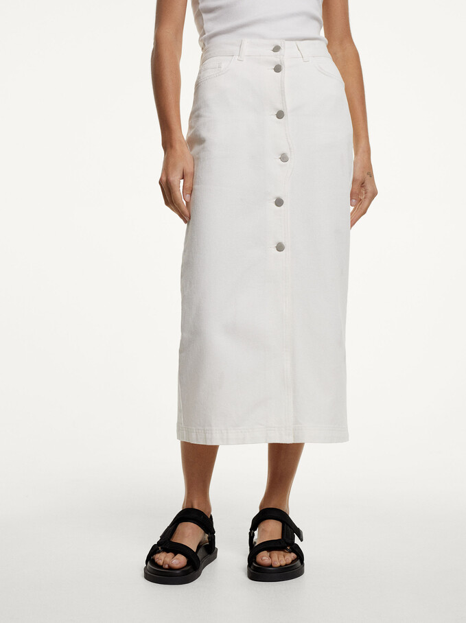 Denim Midi Skirt, White, hi-res