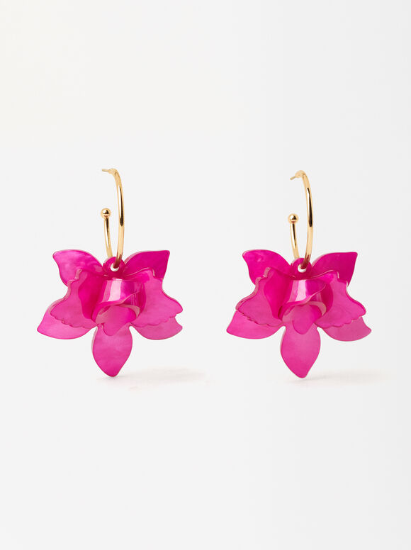 Flower Hoop Earrings, Pink, hi-res