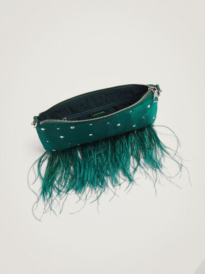 Party Bag With Feather And Strass, Green, hi-res