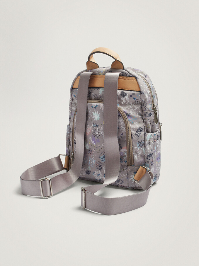 Printed Nylon Backpack With Pendant, Brown, hi-res