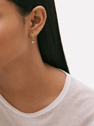 Stainless Steel Hoop Earrings With Crystals, Golden, hi-res