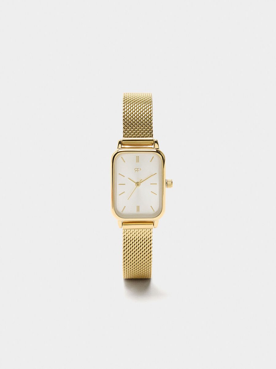 Rectangular watch with stainless steel mesh bracelet