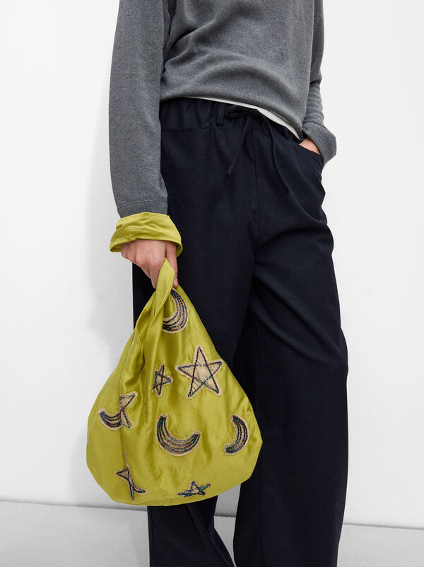 Beaded fabric shoulder bag