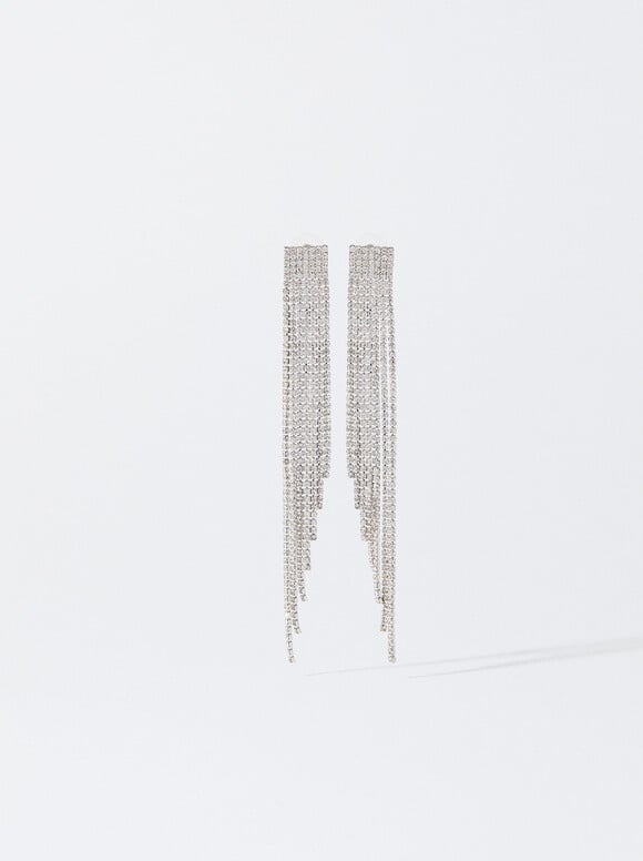 Long Earrings With Crystals, Silver, hi-res
