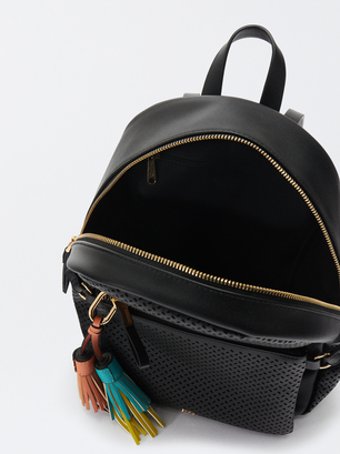 Perforated Backpack With Pendant, Black, hi-res