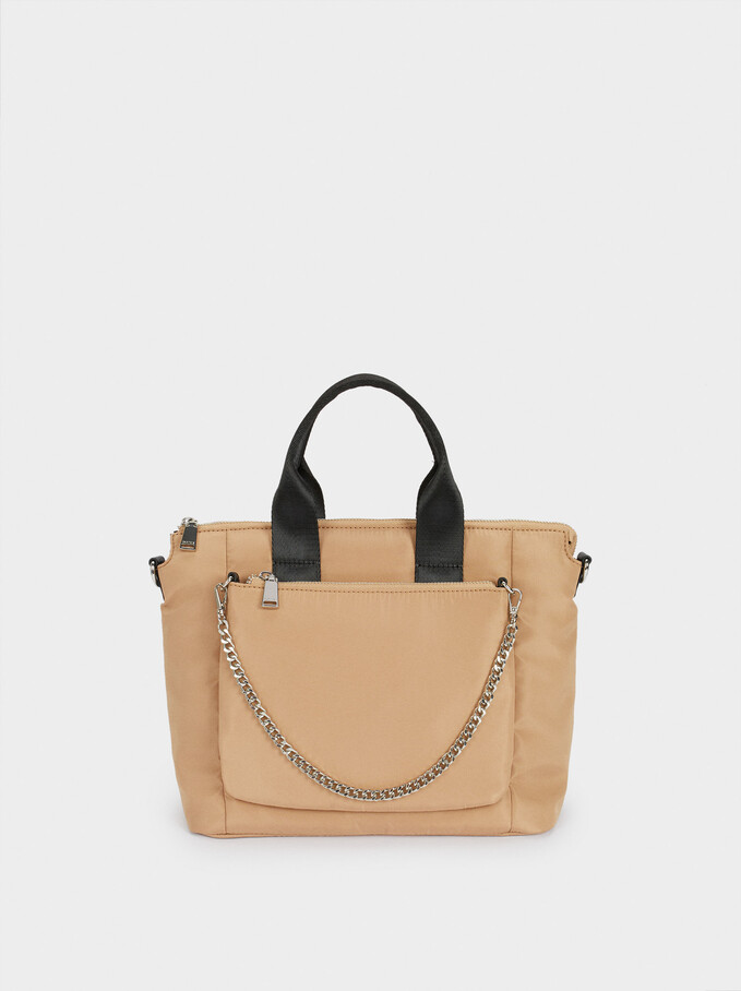Nylon Tote Bag With Chain Detail, Camel, hi-res