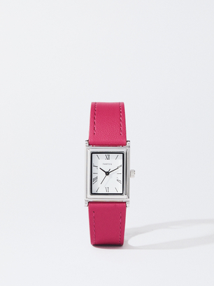 Square Case Stainless Steel Watch, Fuchsia, hi-res