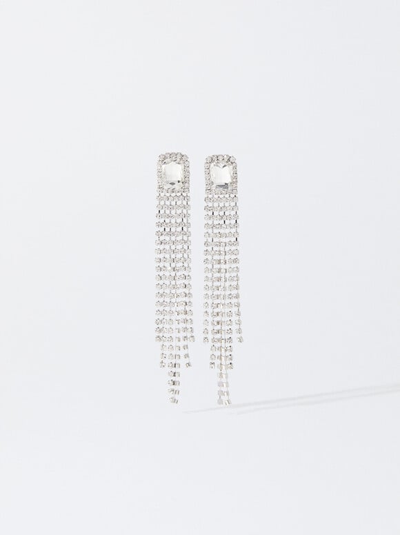 Long Earrings With Crystals, Black, hi-res