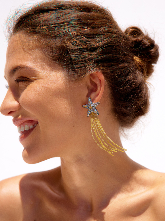 Star Earrings And Zirconia, Golden, hi-res