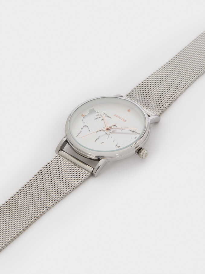 Watch With Steel Strap And World Map Face, Silver, hi-res