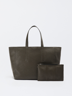 Leather Shopper Bag, Khaki, hi-res